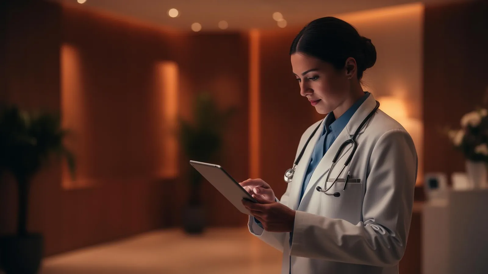 Profissional de saúde, de jaleco branco e estetoscópio, consultando um tablet na recepção de uma clínica