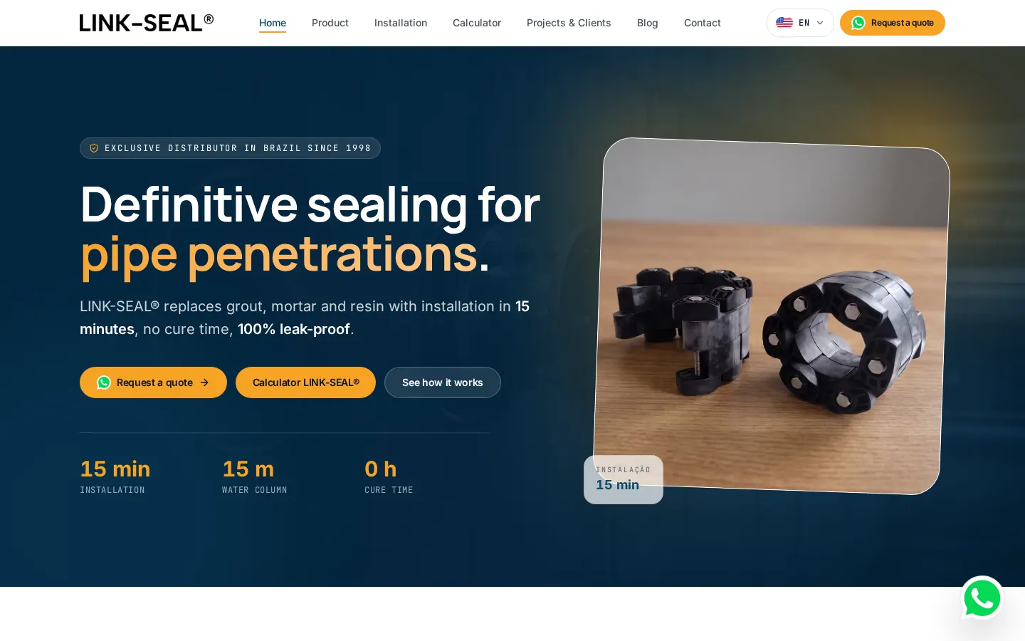 Home do site da Vedante Link Seal, de vedação de tubulações